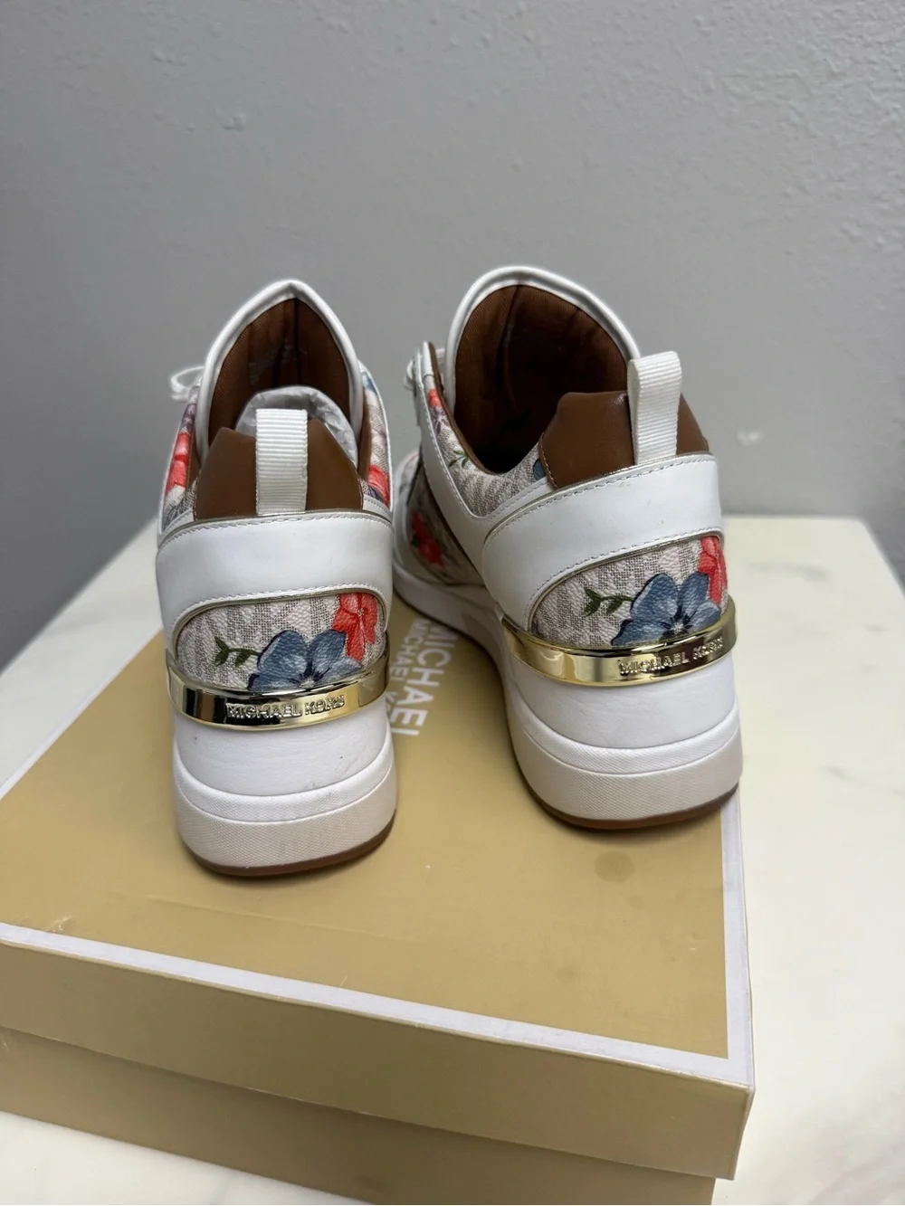 Michael Kors Georgie Trainer White Floral Wedge Sneakers with Brown Accents
